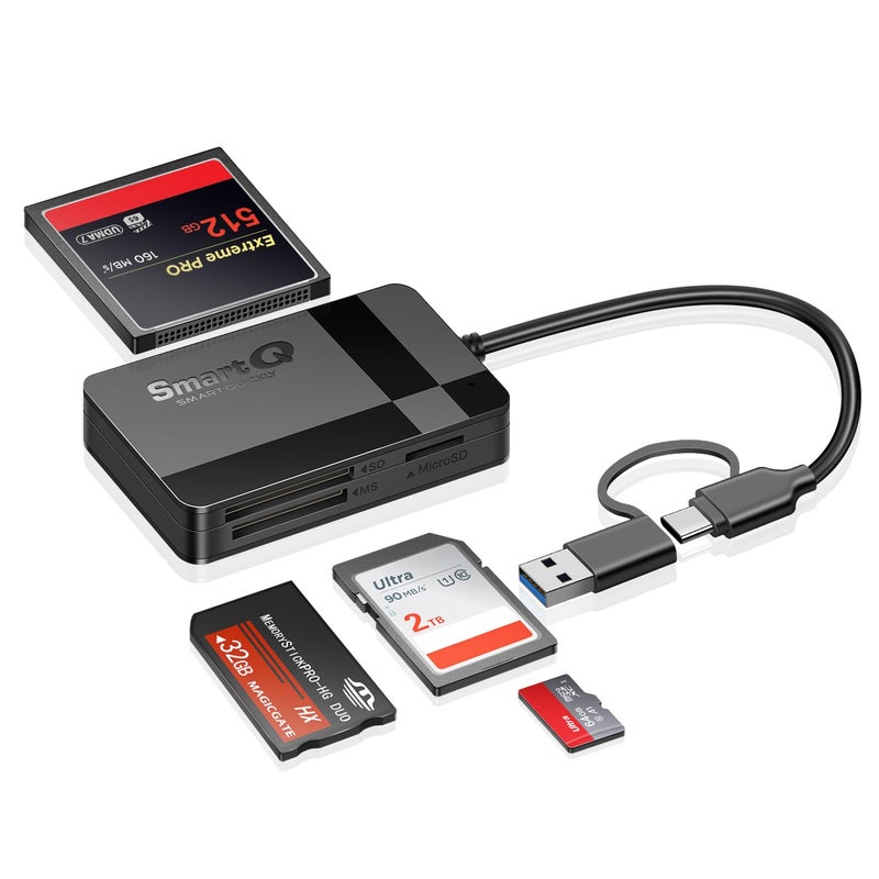 SmartQ SD Card Reader, Memory Card Reader 4 in 1 USB C USB 3.0 Dual Connector Adapter Simultaneously Read SD MS CF TF Cards Supports Micro SD/Micro. Compatible with desktops, Tablets, and USB-C Smartphones - Image 1